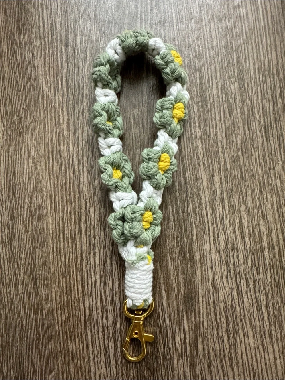 Handmade Green & White Crochet Floral Wristlet with Gold Clip
